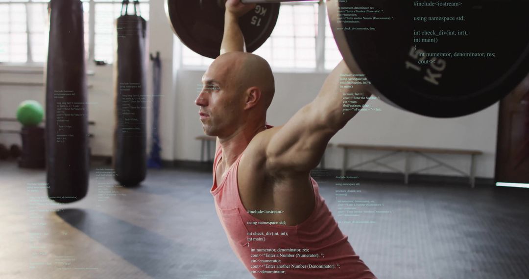 Caucasian Male Lifting Weights with Digital Overlay in Gym