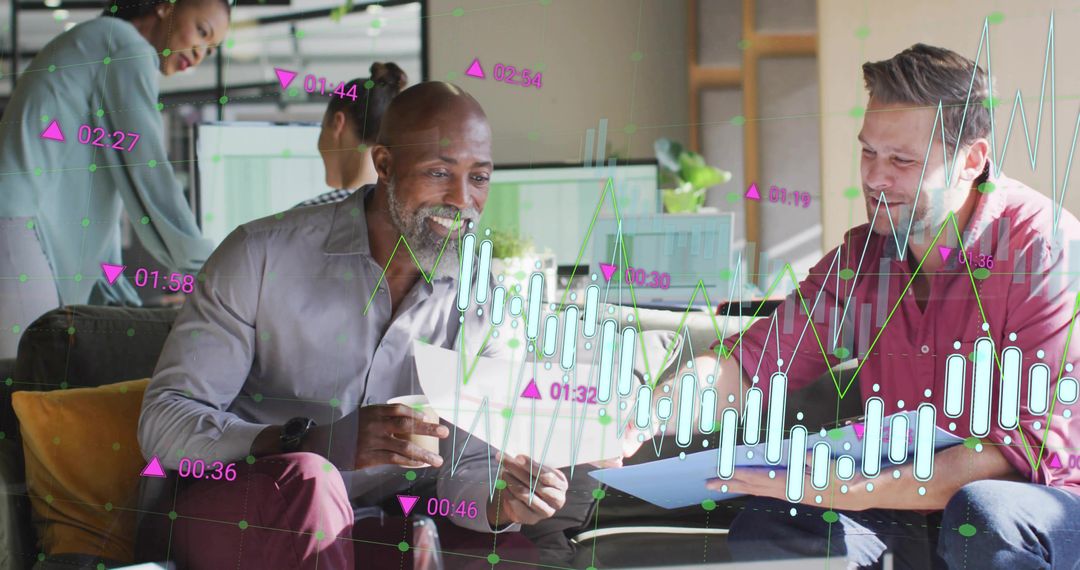 Multiracial Team Reviewing Data-Driven Reports in Modern Office Lounge with Graph Overlays