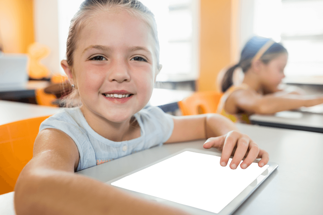 Young Girl Engaged with Tablet in Transparent Learning Setting