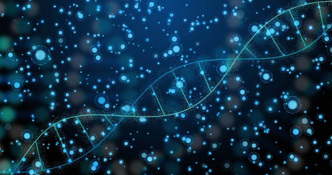 Digital DNA Strand Against Blue Background with Particles