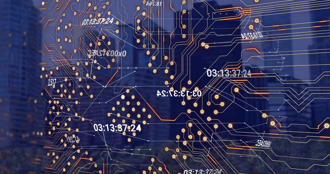 Abstract Data Overlay with Cityscape and Circuit Board