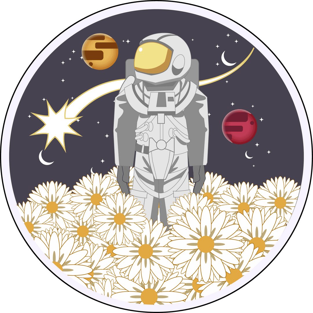 Astronaut Amid Daisies in Fantasy Cosmic Scene with Planets on Transparent Background