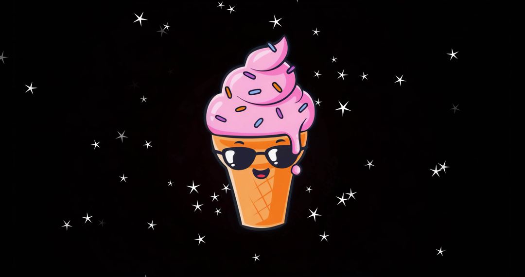 Winking Ice Cream Cone Wearing Sunglasses Floating in Starry Sky with Pink Swirl Sprinkles