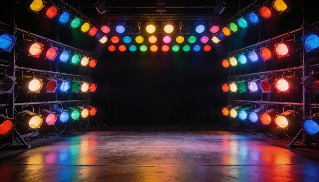 Curved Stage Lights Casting Rainbow Reflections on Polished Studio Floor