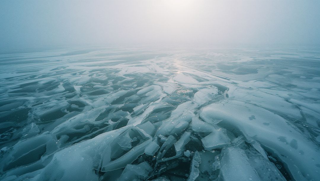 Mysterious Frozen Lake with Fractured Ice and Misty Haze