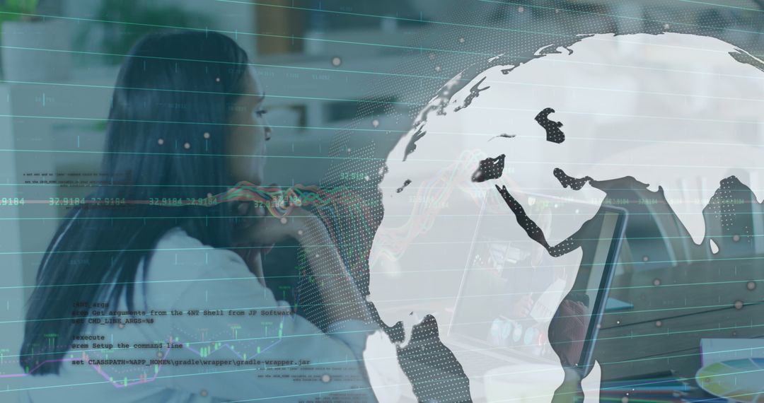 Businesswoman Analyzing Data with Digital World Map Overlays