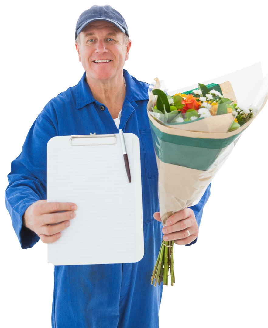 Happy Senior Flower Delivery Man Holding Clipboard and Bouquet Transparent Background - Download Free Stock Images Pikwizard.com