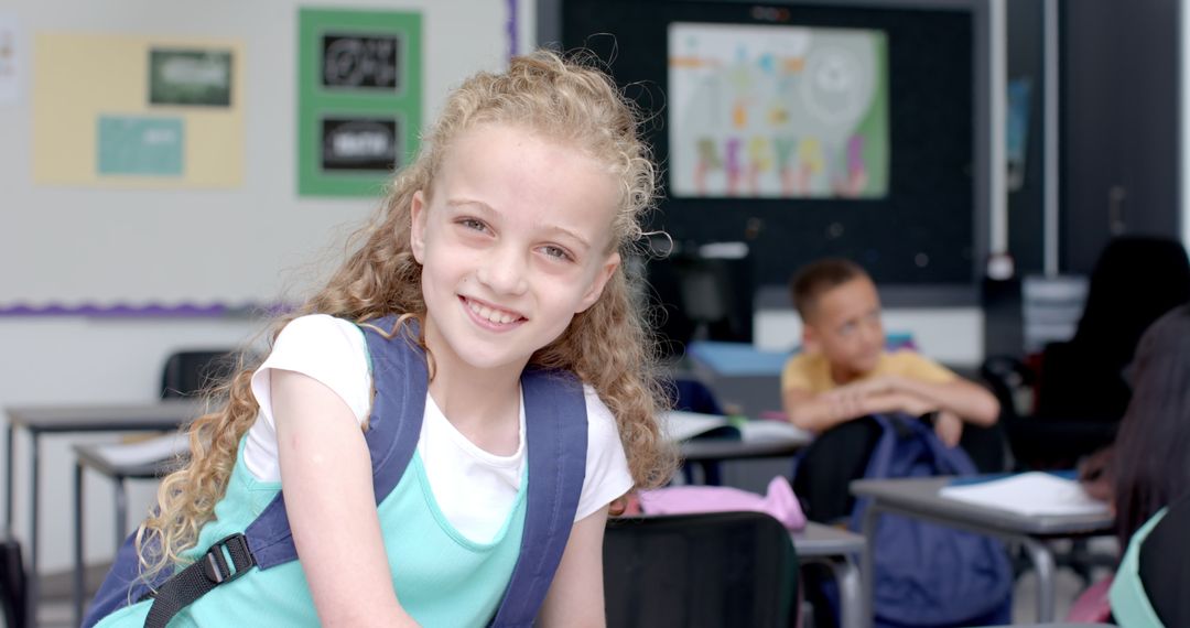 Cheerful Young Girl with Backpack in Dynamic Classroom Environment