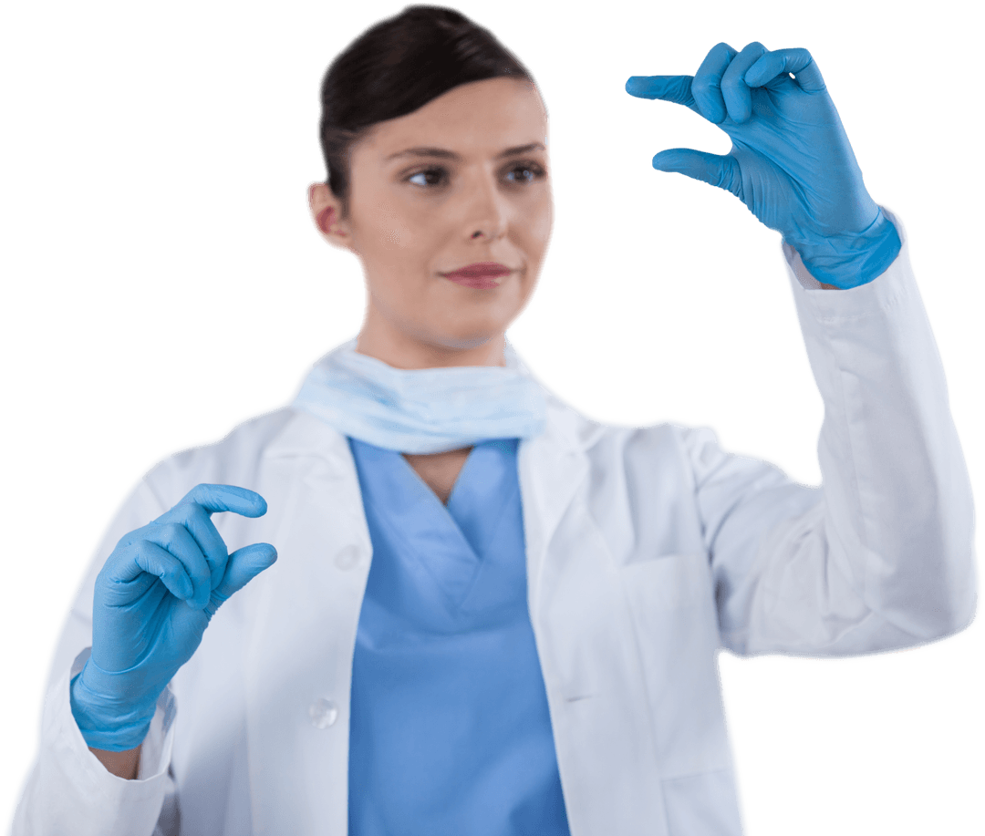 Scientist with Blue Gloves Examining Invisible Object on Transparent Background
