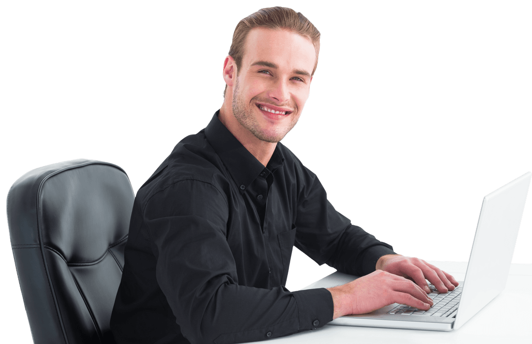 Smiling Businessman Using Laptop in Office Setting Transparent Background
