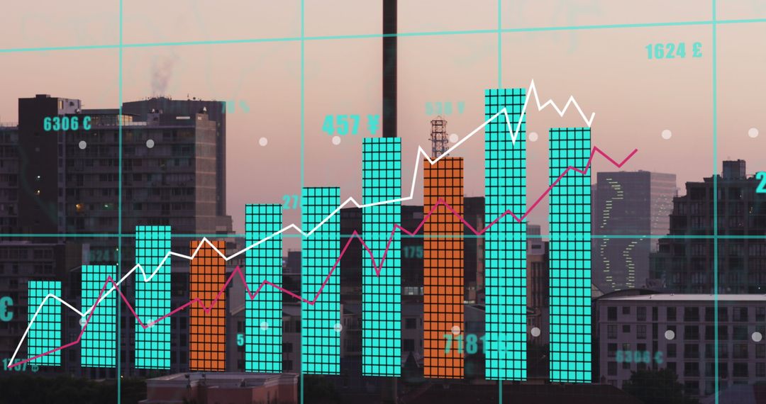 Financial Data Graph with Urban Skyline Background