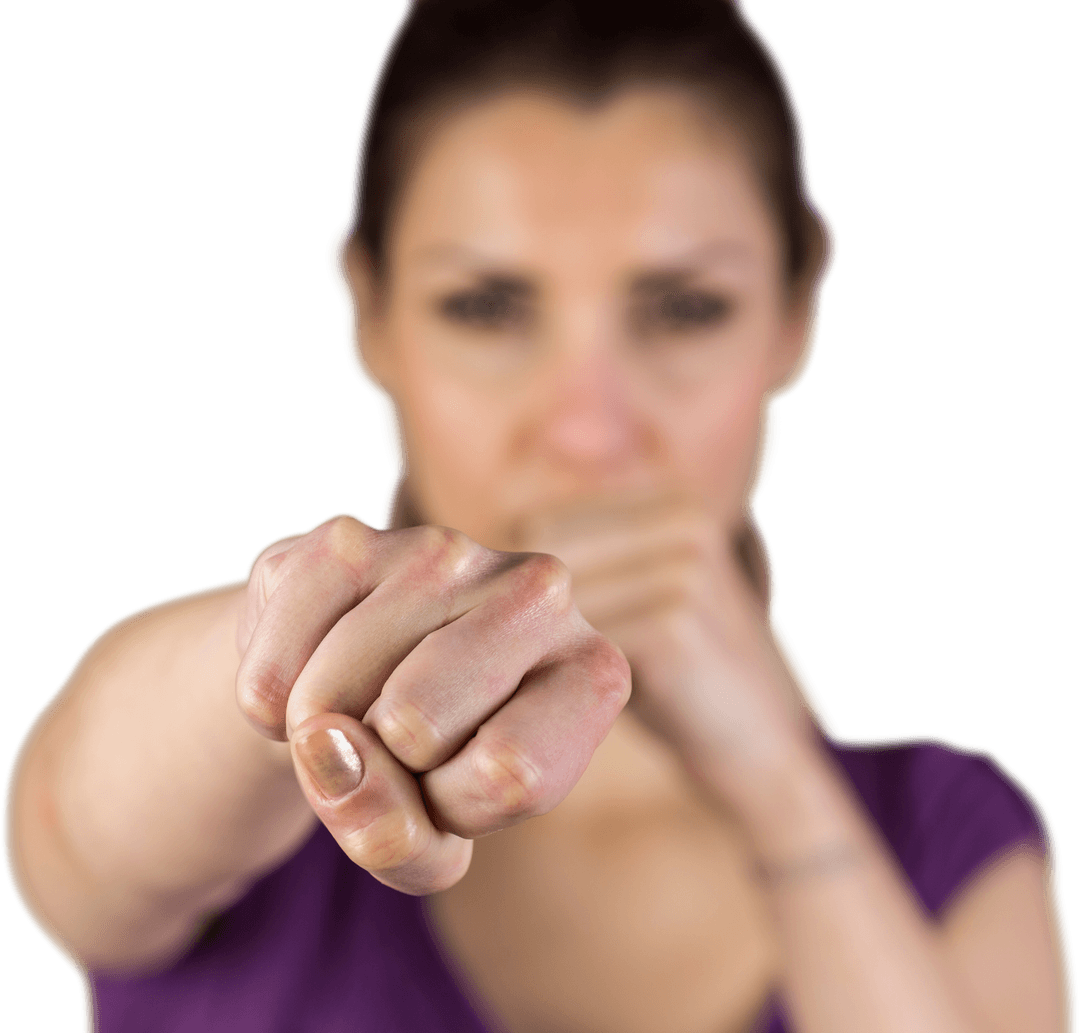 Transparent Brave Woman Throwing Punch with Determined Expression