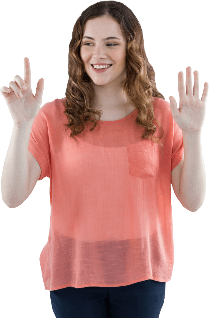 Happy Woman Gesturing with Hands Against Transparent Background