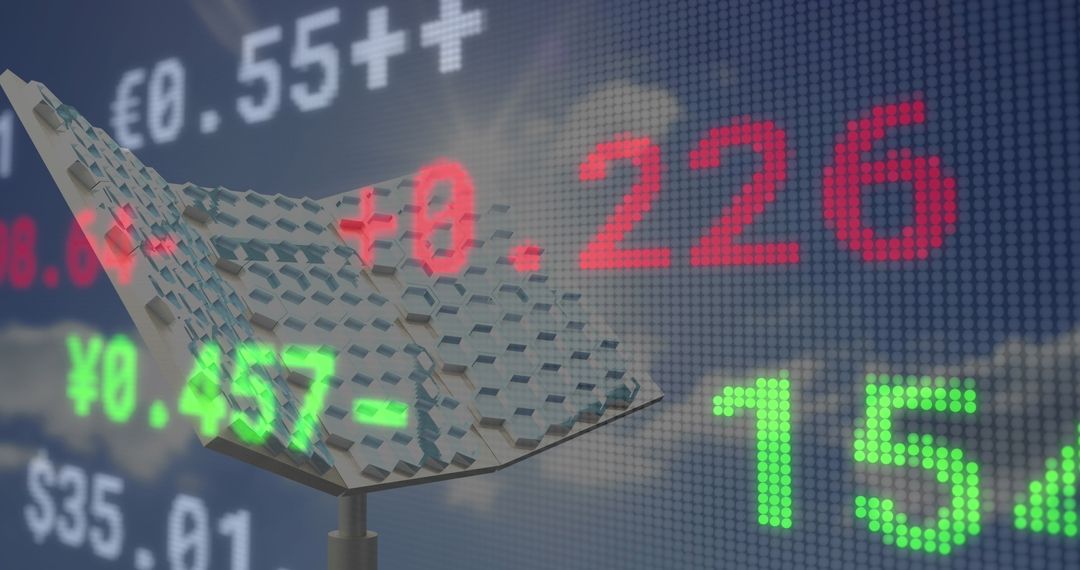 Financial Data Overlay on Solar Panel Representing Renewable Energy