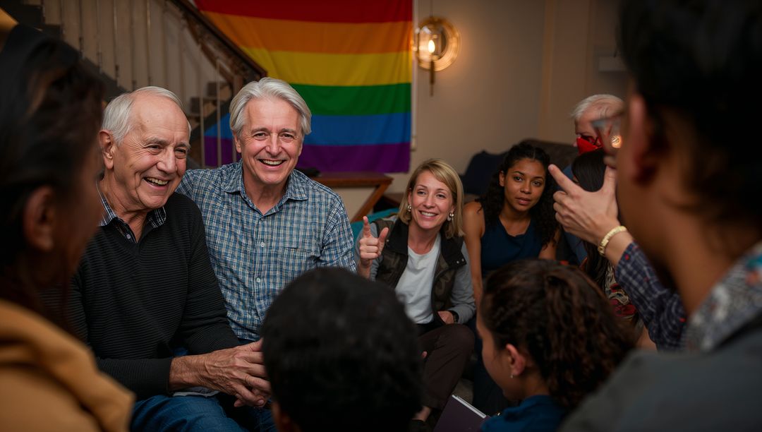 Diverse Group Discussing Community Issues With Rainbow Flag