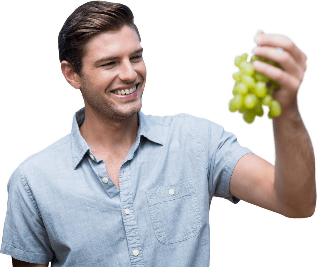 Smiling Young Man Pleased Holding Grapes Transparent Background