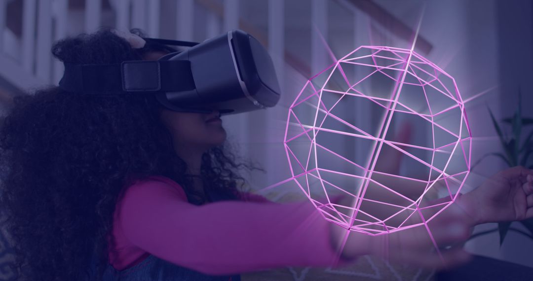 Image of glowing 3d shapes of data transfer over biracial girl in vr headset - Free Images, Stock Photos and Pictures on Pikwizard.com
