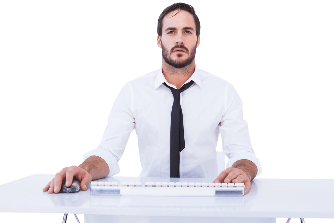 Transparent Background Businessman Focused at Work Station