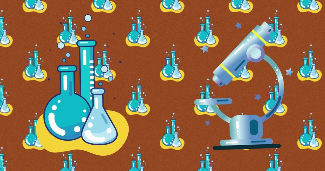 Colorful Microscope and Beaker Illustrations on Red Patterned Background