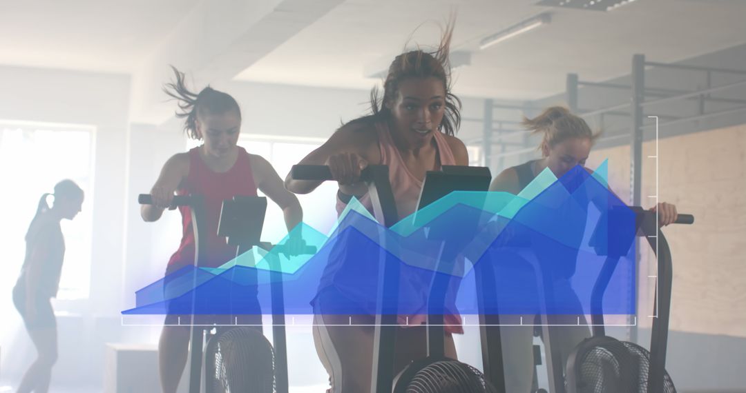 Women Working Out in Gym Overlaid with Fitness Data Graph