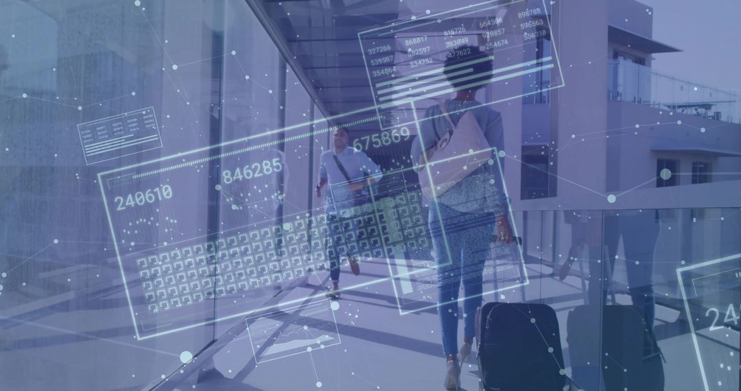 Travelers in Futuristic Airport with Digital Data Overlays