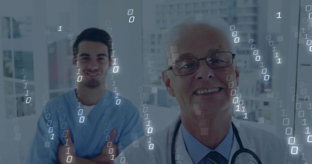 Senior Doctor and Nurse in Corridor with Digital Binary Overlay