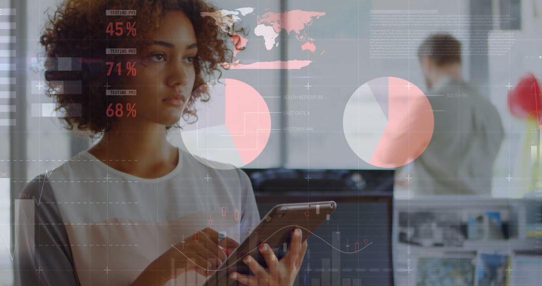 Biracial Businesswoman Analyzing Global Financial Data on Tablet