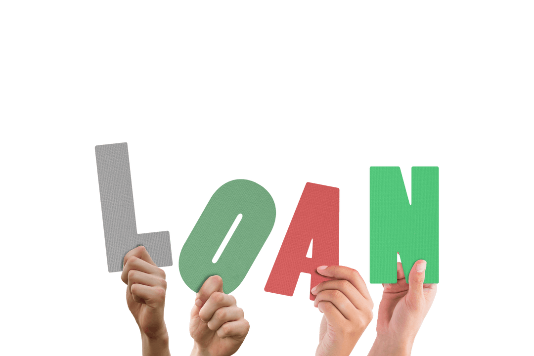 Hands Holding Colorful Loan Letters on Transparent Background