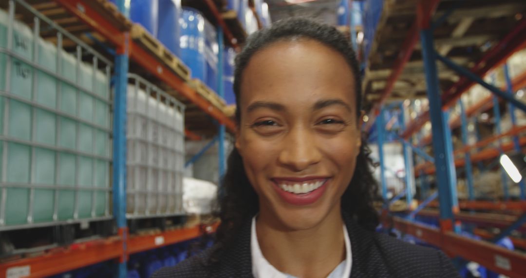 Smiling Employee in Warehouse Aisle - Free Images, Stock Photos and Pictures on Pikwizard.com