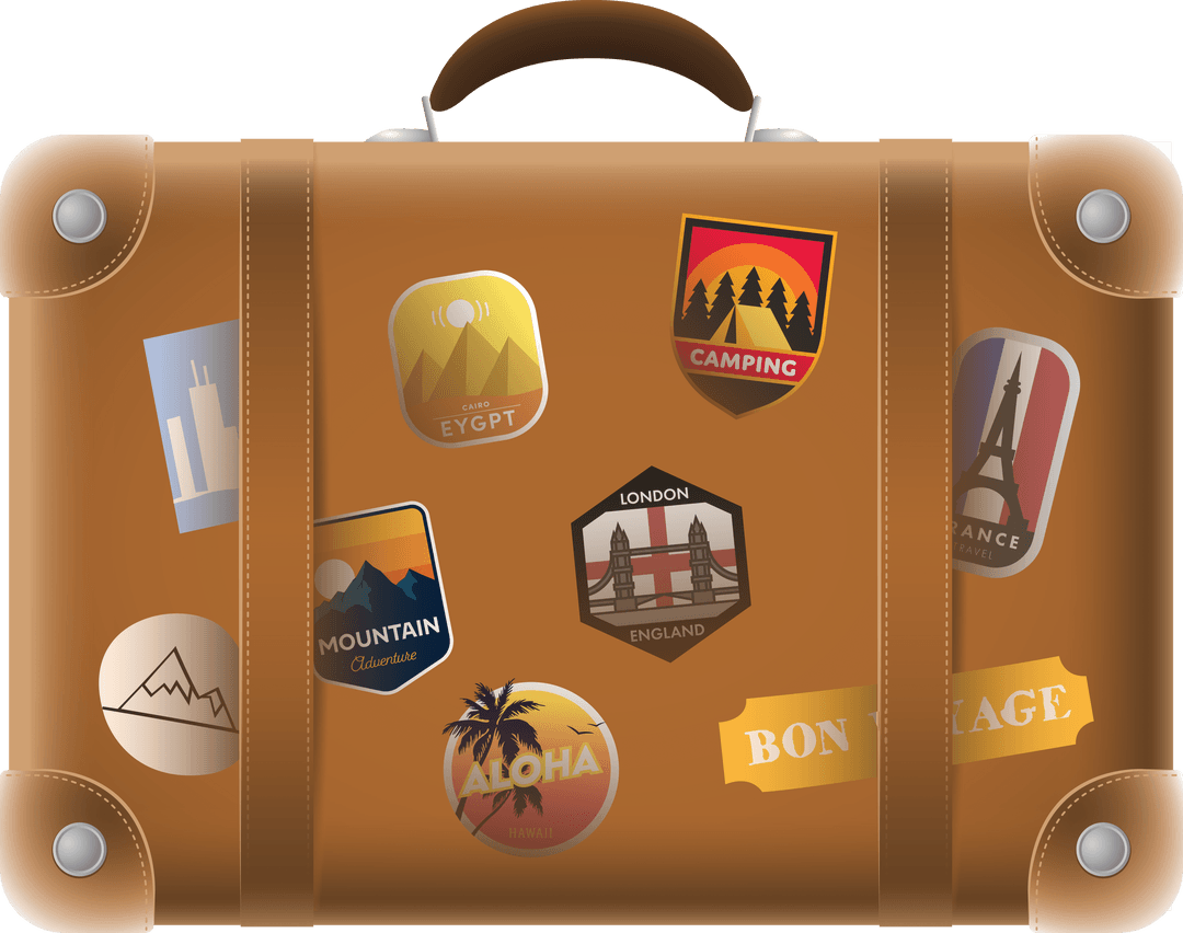 Transparent Brown Suitcase with Travel Stickers Illustrating Adventure