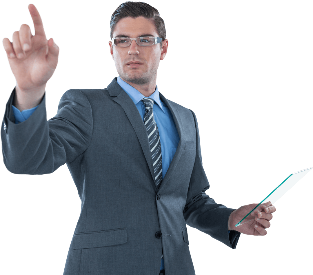 Businessman in Suit Using Transparent Digital Interface