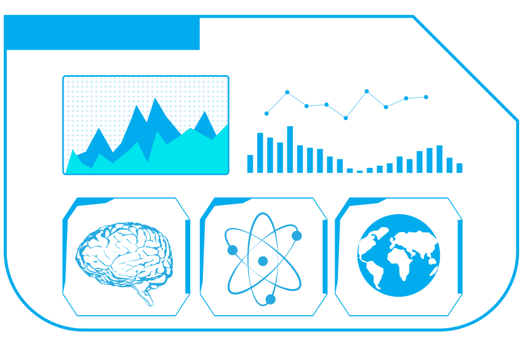 Transparent Digital Screen with Brain, Graphs, and Earth Elements