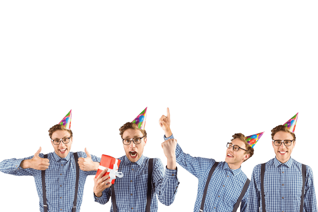 Transparent Background Joyful Man with Party Hats Celebrating