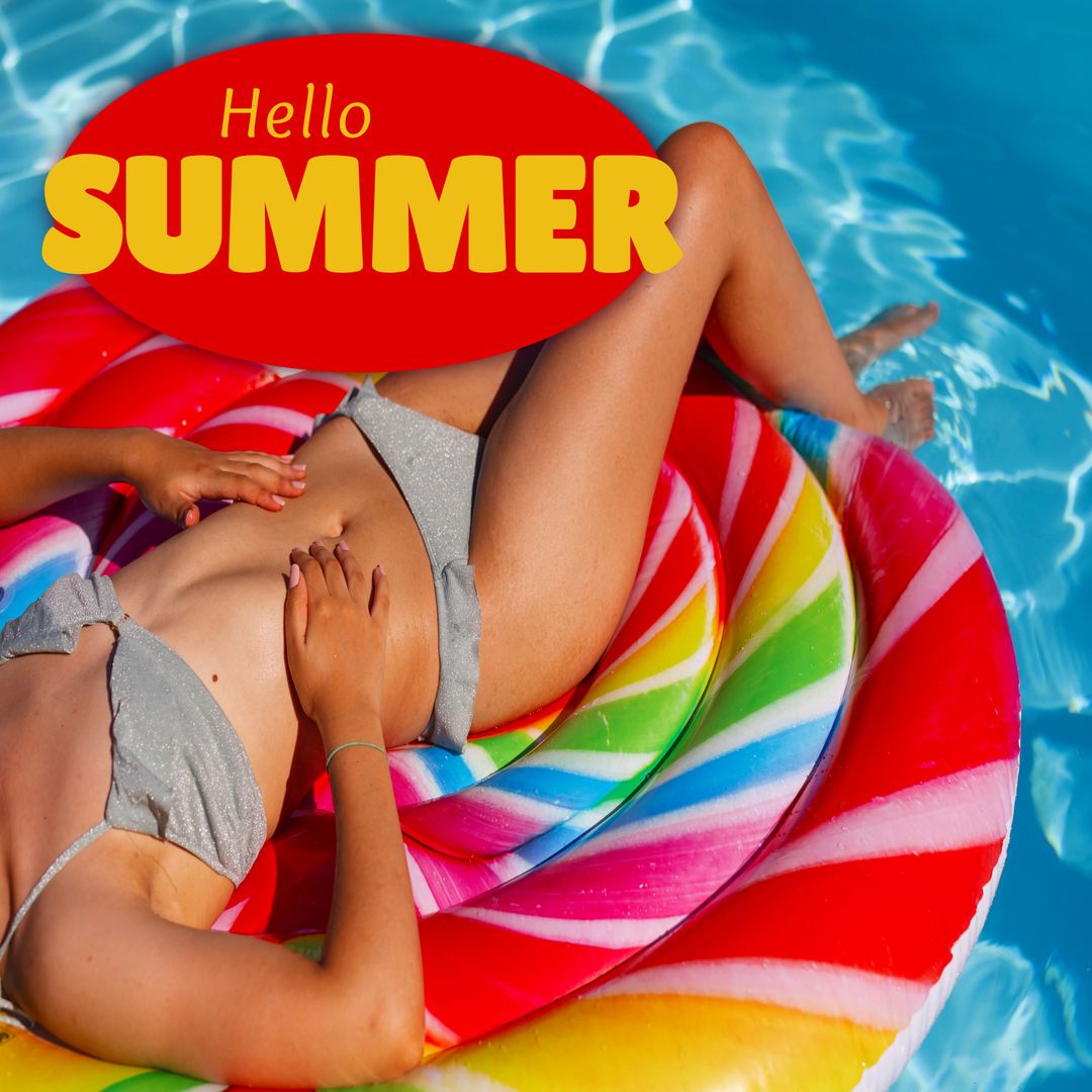 Hello Summer Text with Woman Relaxing on Inflatable in Pool - Download Free Stock Templates Pikwizard.com