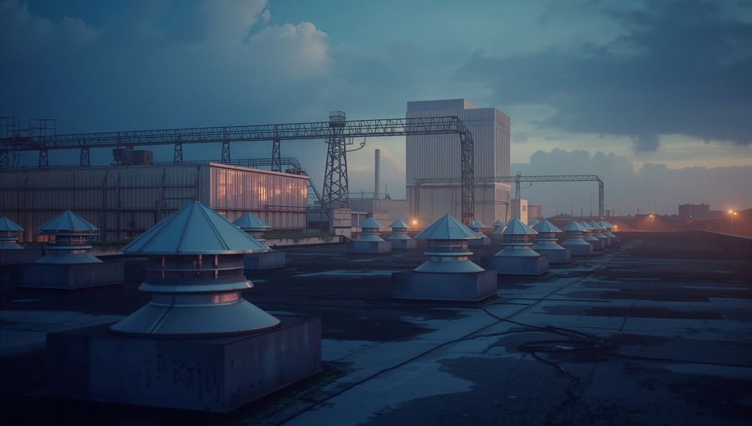 Industrial Rooftop with Vents Under Twilight Sky
