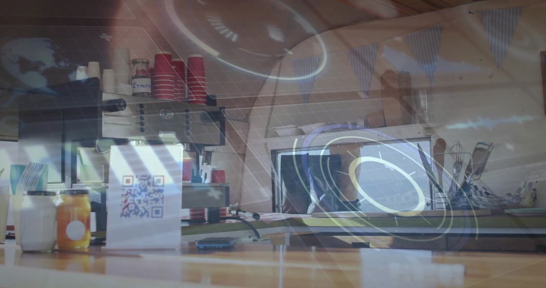 Coffee shop espresso station with QR code, red cups and tablet tech overlay rings