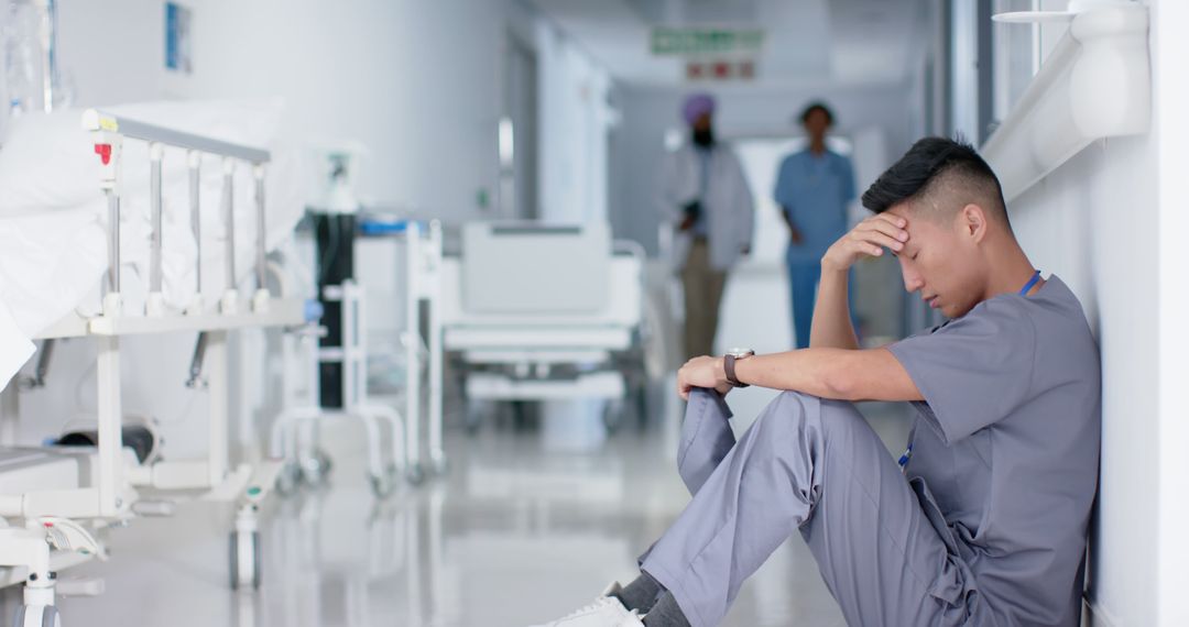 Stressed Nurse Sitting in Hospital Hallway - Free Images, Stock Photos and Pictures on Pikwizard.com