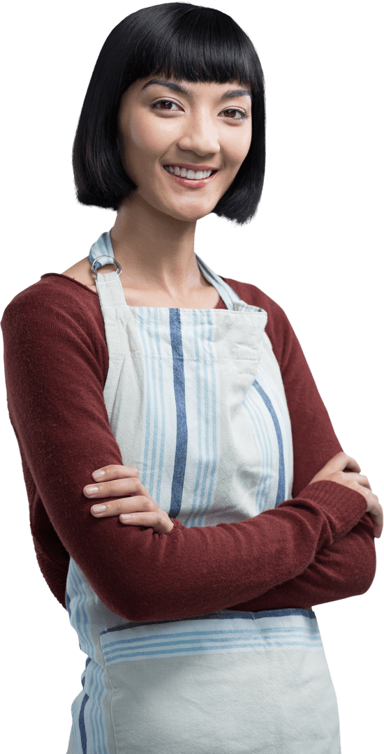 Transparent Smiling Waitress Standing Confidently with Arms Crossed