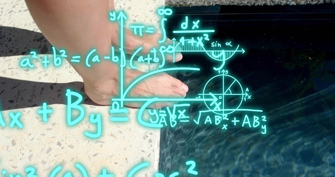 Female Bare Feet Dangling Over Pool with Turquoise Math Equations Overlay on Sunlit Deck