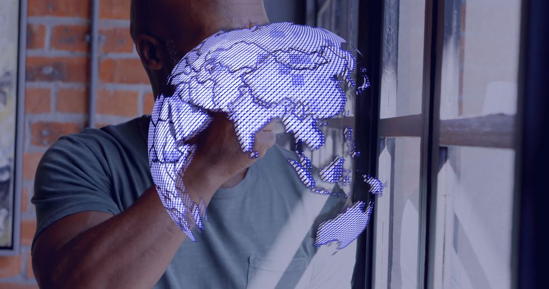 Contemplative Analyst Examining Holographic World Map in Modern Loft