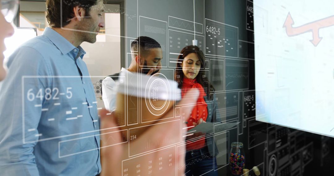 Diverse Team Analyzing Financial Data on Transparent Display
