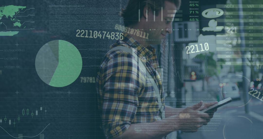 Man Using Smartphone with Global Financial Data Overlay