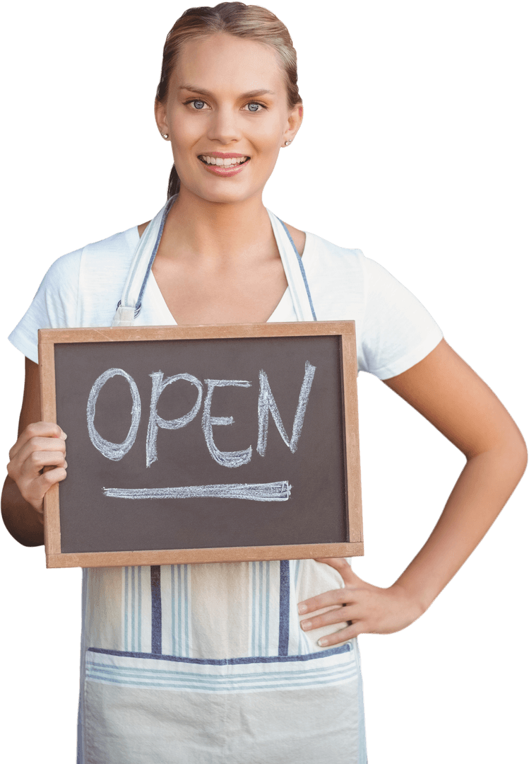 Transparent Smiling Woman with Open Sign Chalkboard