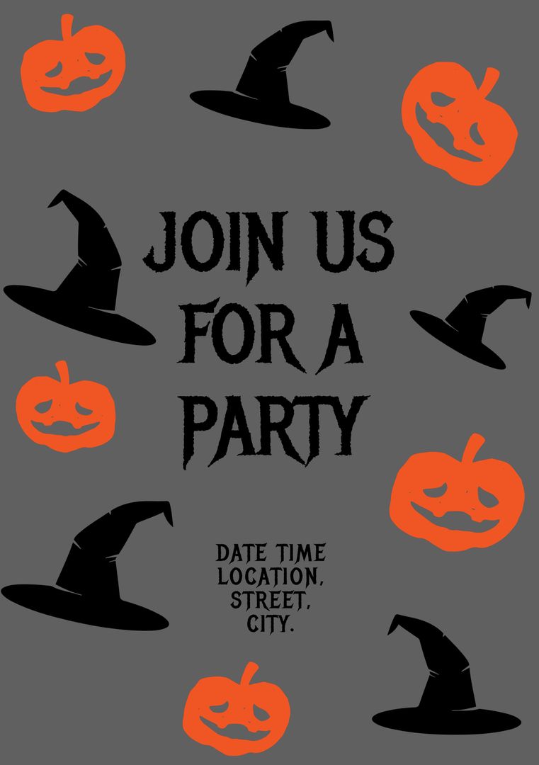 Halloween Party Invitation with Witch Hats and Pumpkins