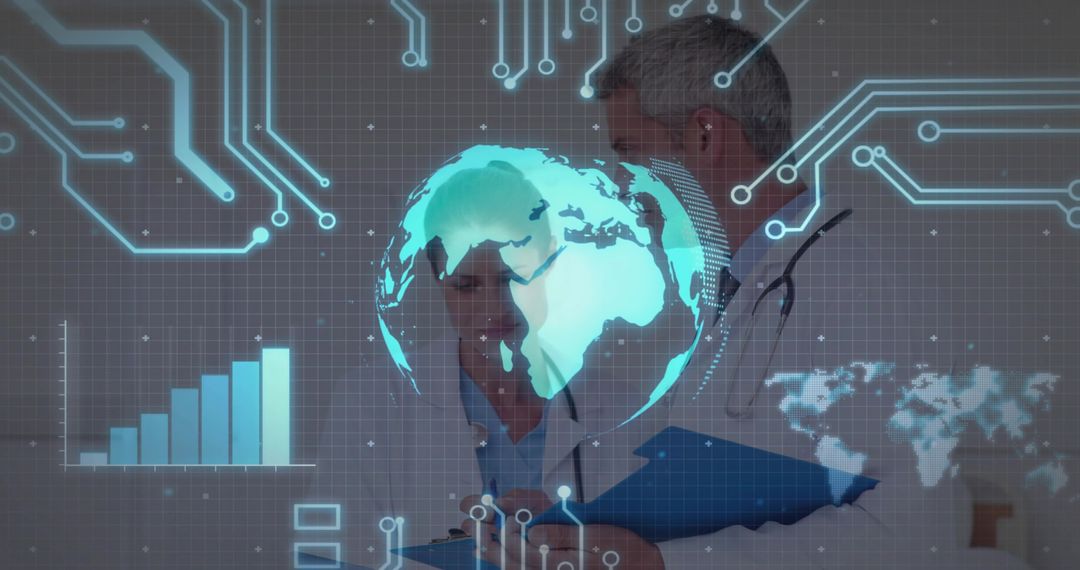 Doctors Analyzing Patient Data with Futuristic Technology Interface