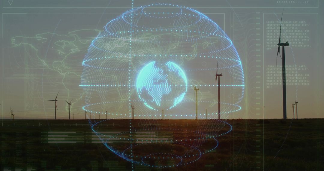 Holographic Blue Globe Overlaying Wind Farm at Sunset with HUD Data Panels