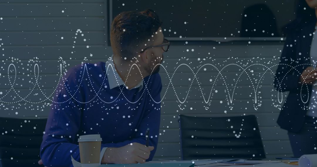 Office Colleagues in Professional Discussion with Digital Overlay