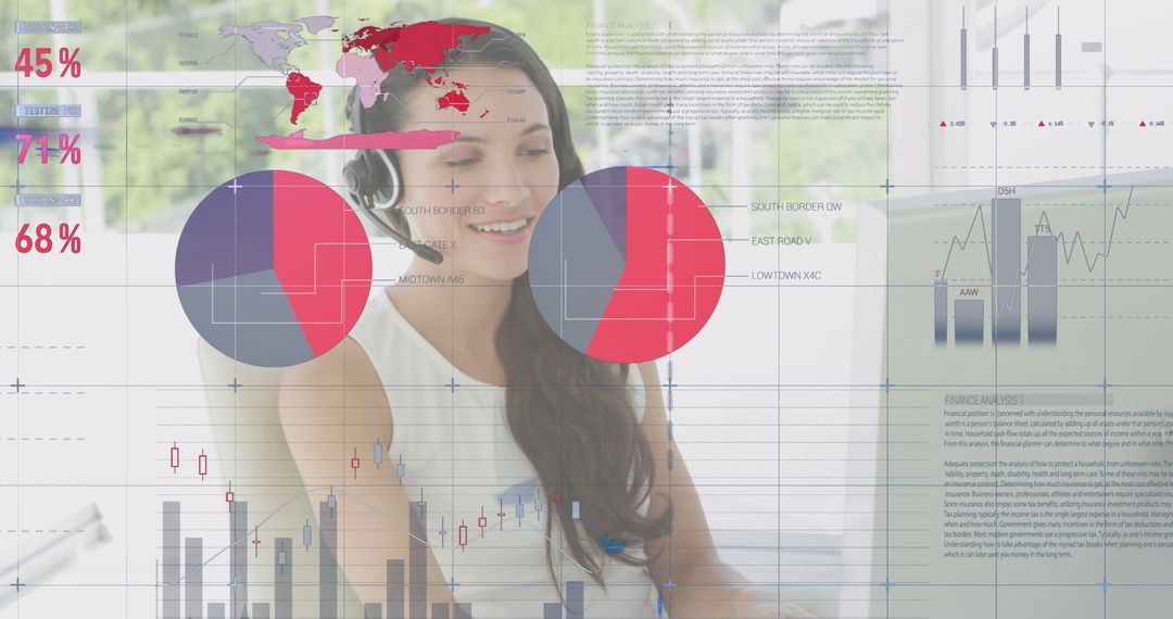 Woman Using Headset with Financial Data Overlay - Free Images, Stock Photos and Pictures on Pikwizard.com