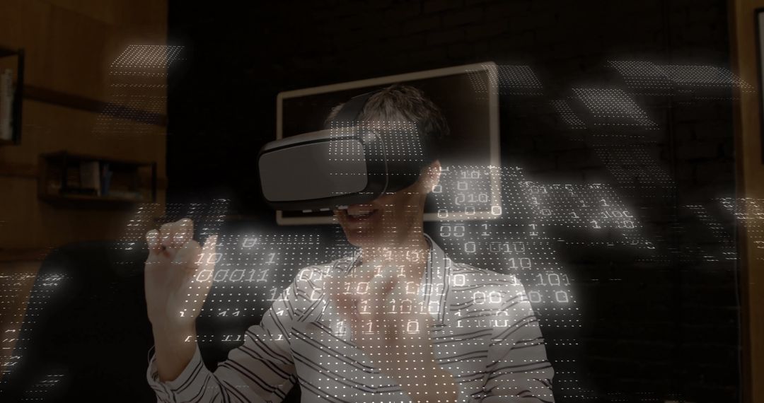 Woman Engaging with Holographic Map Using VR Headset in Futuristic Workspace