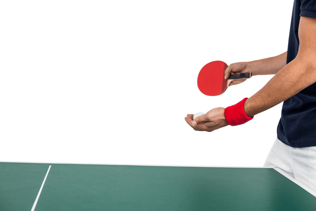 Focused Table Tennis Player Ready to Serve with Paddle